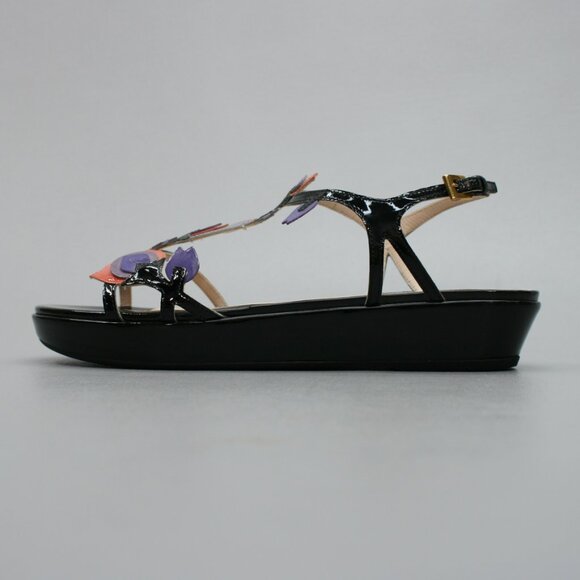 Prada 37.5 Ladies 7.5 Tulip Purple Patent Leather Slingback Wedge Shoes Sandals - Picture 2 of 12